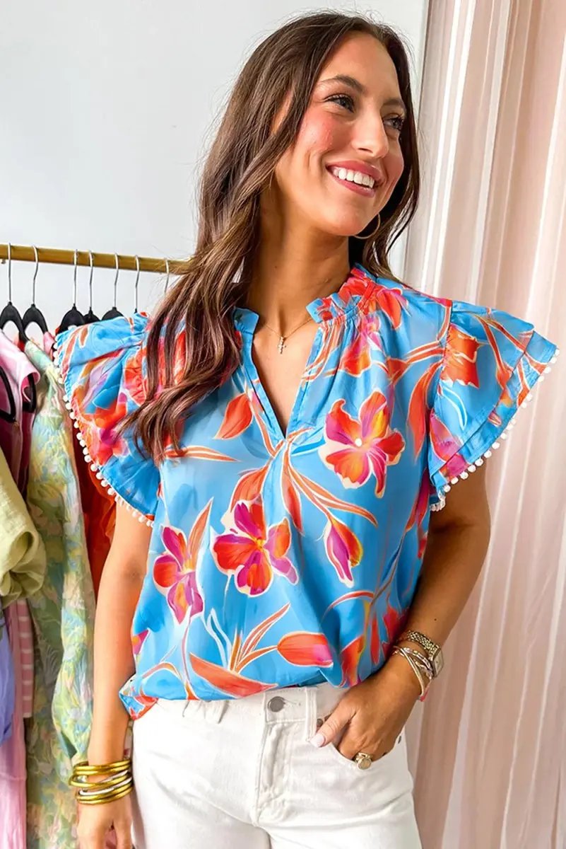 Sky Blue Floral Print V Neck Pompom Trim Flutter Sleeve Blouse - Love Salve